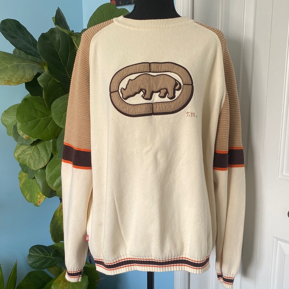 Men's Classic Ecko Unlimited Crewneck Sweater Cream and Brown With Rhino Logo